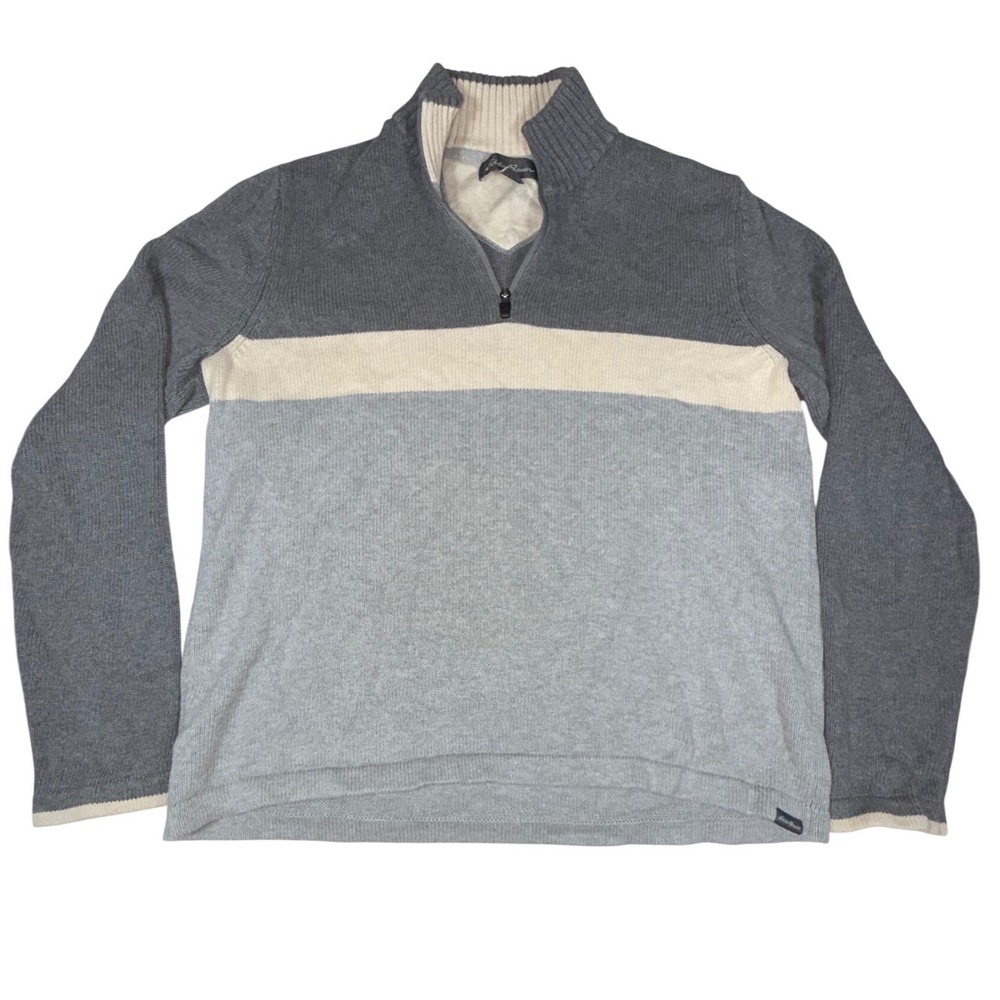 Eddie Bauer Quarter Zip Colorblock Sweater Mens L Grey Cotton Breathable Knit